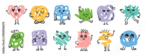 Abstract funny scribble characters different emotions and faces. Cute doodle hand drawn characters set.