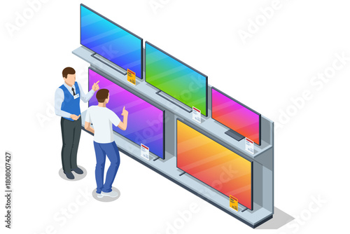 Isometric illustration of a shopper selecting a television in an electronics store, surrounded by various TV models on display shelves while a sales assistant provides guidance.