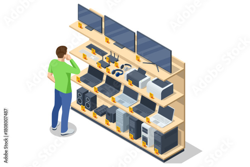 Isometric illustration of an electronics store customer looking at shelves full of laptops, monitors, printers, speakers, routers and various tech products.