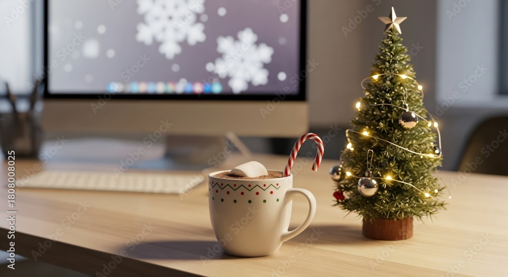 Fototapeta premium Cozy Holiday Workspace with Mini Christmas Tree and Hot Chocolate Mug, Perfect for Seasonal Celebrations