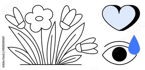 Flowers blooming alongside a blue heart and eye with a tear, symbolizing love, emotions, and connection to nature. Ideal for mental health, self-care, compassion, sadness unity and mindfulness. A