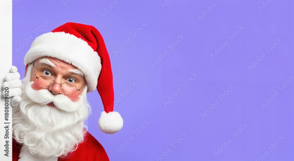 Fototapeta premium Jolly Santa Claus Looking Peeking Around Wall Decorating for Holiday Celebrations and Festive Decorations