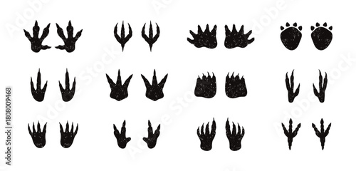 Dinosaur footprint silhouette textured grunge doodle hand drawn icon set. Drawing line clipart symbol collection