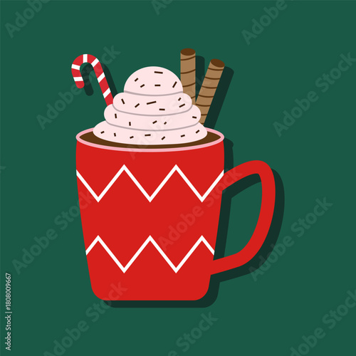 A red mug with a white stripe and a white handle is filled with whipped cream