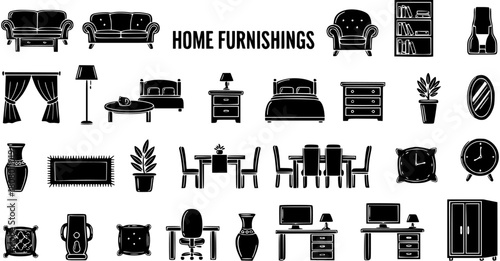 Home Furnishings and Furniture Icons Set. Collection of black silhouette symbols for interior design, household decor, and room equipment including sofas, beds, tables, lamps, and decorative items.