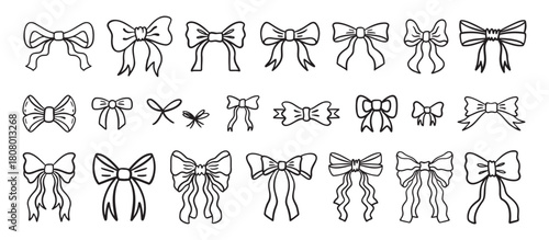 Various doodle bows Set. Bow knots, tie ups, gift ribbons, . Hand Bow Gift bows, doodle style. Festive decoration, invitation elements, packaging, wedding design