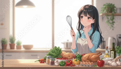 キッチンで何を作ろうか逡巡する女性-Adobe Illustrator Artwork