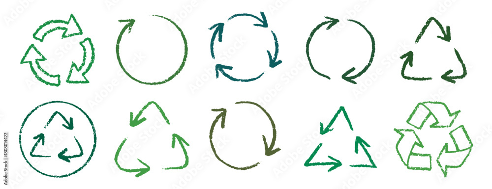 Obraz premium Recycle arrow hand drawn pencil line icon set. Crayon green recycle arrow chalk Icon Vector drawing