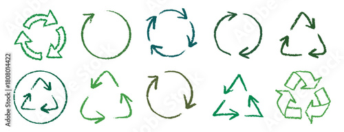 Recycle arrow hand drawn pencil line icon set. Crayon green recycle arrow chalk Icon Vector drawing