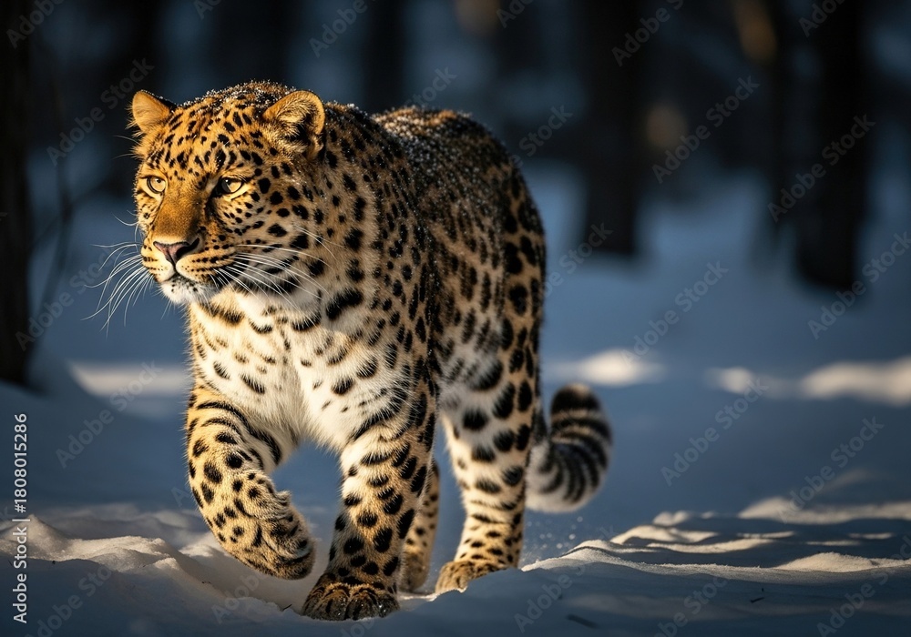 Obraz premium Powerful leopard prowls through winter snow, nature's majestic beauty