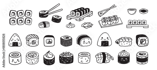 Sushi funny doodle set. Japanese hand drawn Food Sketch Icons. Kawaii drawing