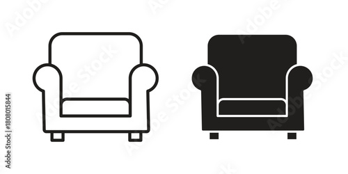 Sofa icon with thin line and flat web symbol on white background