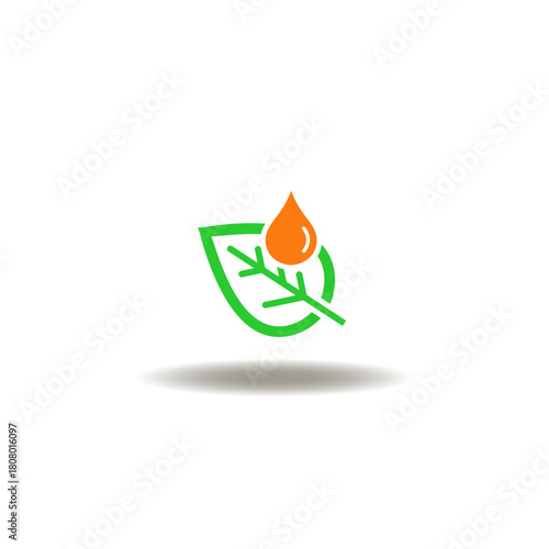 Vector illustration of green leaf with drop. Symbol of  organic skin care cosmetic eco friendly organic product. Icon of herbal liquid healing oil therapy.