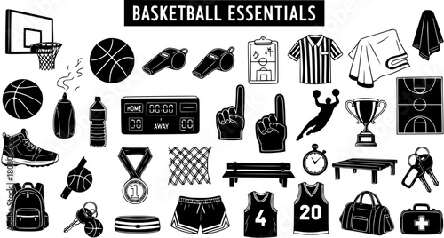 Hand-Drawn Basketball Essentials Icon Set. Black and white vector illustration of sports equipment, gear, and items for players and games.