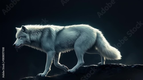 Captivating White Wolf in Motion: A Majestic Creature in its Natural Habitat walking slowly