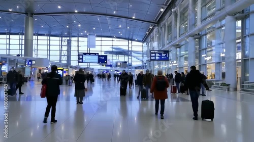 Busy airport terminal with passengers walking and pulling luggage, showcasing travel and