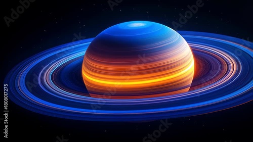 Abstract Planet Saturn with Rings, Glowing in the Darkness, Rendered Animation