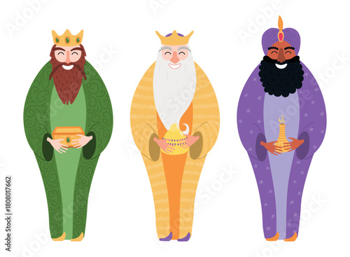 Three kings, wise men, magi with gifts, presents isolated on transparent background. Hand drawn flat vector illustration. Cartoon character. Epiphany Day, Christmas design element, clip art set