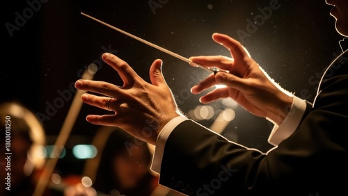 The dynamic, back-lit hands of a maestro conducting a symphony orchestra.