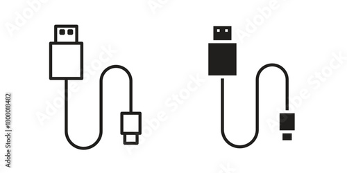 USB cable icon with thin line and flat web symbol on white background