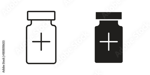 Vaccine vial icon with thin line and flat web symbol on white background