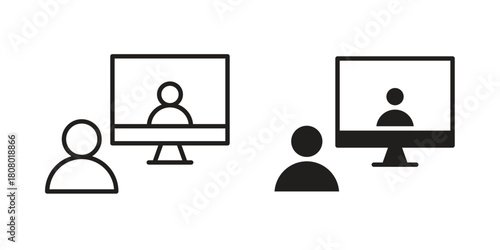 Video chat icon with thin line and flat web symbol on white background