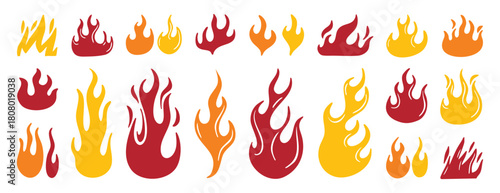 set of flame and fire. Colored hand drawn doodle elements. Flame silhouette, flames, different shapes, cartoon style, simple shapes, ornate, graceful lines, a set of isolated elements.
