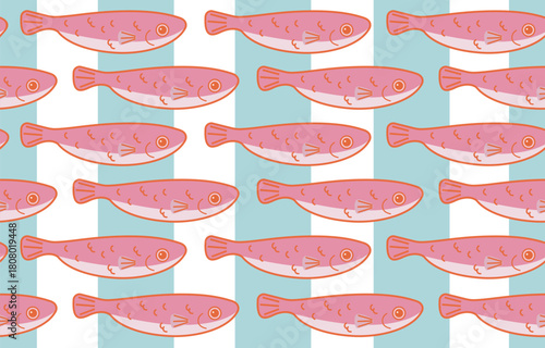 Seamless pink cartoon fish pattern blue stripes illustration vector