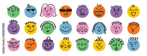 funny comic faces round abstract various emotions set. crayon drawing different colorful characters. cartoon flat design.