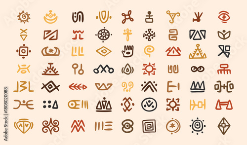 African tribal symbols Abstract geometric shapes doodle decoration set. Ethnic boho elements collection. Colorful mayan hand drawn design. 