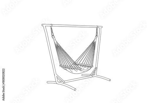 Black and white line drawing of a freestanding hammock chair on a stand
