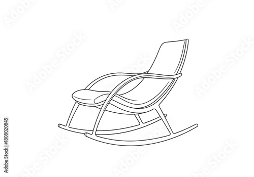 Black and white line drawing of a modern curved wooden rocking chair