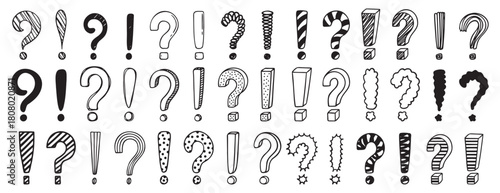 Doodle exclamation mark and question marks set. Hand drawn drawing punctuation symbols, creative ink stroke question exclamation mark icon set.