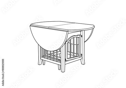 Black and white line drawing of a wooden dropleaf gateleg table with a caged base