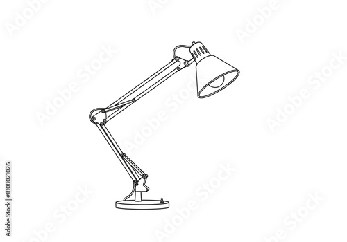 Black and white line drawing of an adjustable architectstyle desk lamp