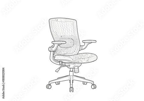 Black and white line drawing of an ergonomic office chair with mesh back