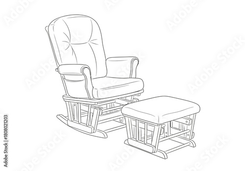 Line drawing of a glider rocking chair and matching ottoman