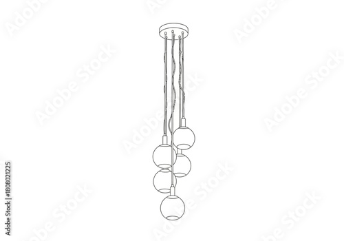 Line drawing of a multiglobe pendant light fixture with five spherical shades
