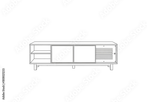 Line drawing of a rectangular low media console with shelving and sliding doors