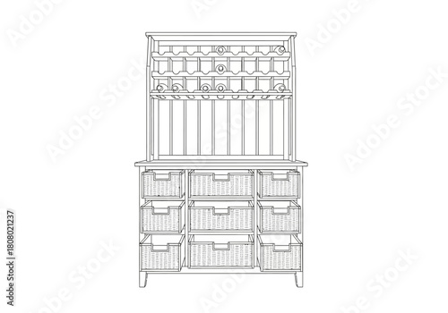 Line drawing of a kitchen hutch with upper shelving and lower wicker storage baskets