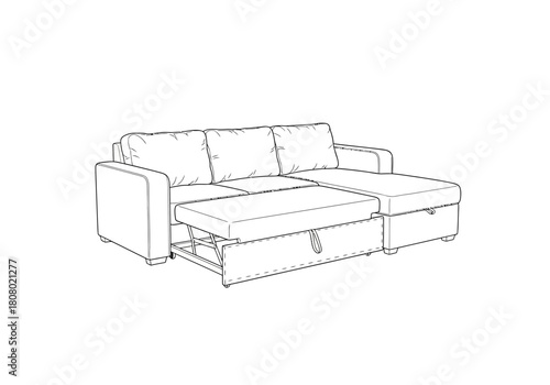 Line drawing of a sectional sofa with an extended pullout bed mechanism