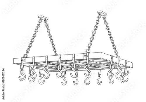 Line drawing of a rectangular pot rack suspended by four chains and hooks