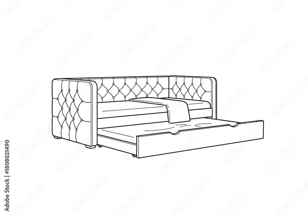 Fototapeta premium Line drawing of a tufted daybed with a pullout trundle bed extended