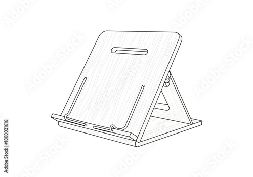 Line drawing of a wooden adjustable book or tablet stand