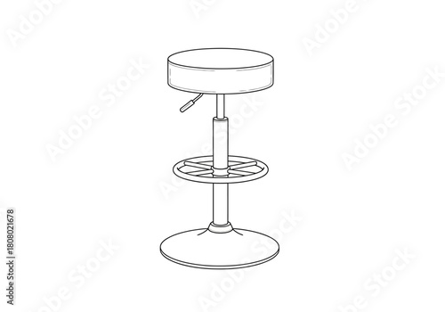 Line drawing of an adjustable round padded hydraulic stool with a footrest