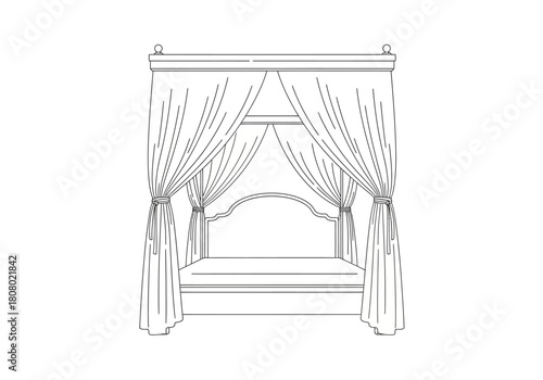 Outline drawing of a draped fourposter canopy bed with detailed curtains