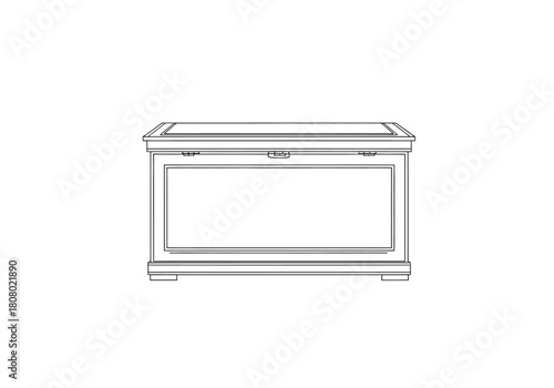 Outline drawing of a long rectangular chest with a hinged framed lid