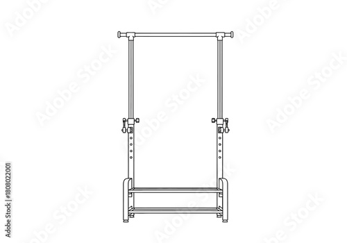 Outline drawing of an adjustable garment rack with two lower storage shelves