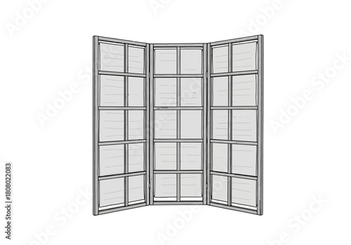 Threepanel casement window open outward featuring multiple glass panes