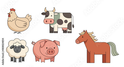 Cute Farm Animals Cartoon Illustration Featuring Chicken, Cow, Sheep, Pig and Horse isolated on